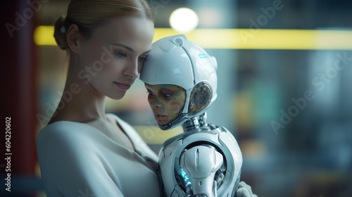 female robot or cyborg cares and takes care of a baby, mother or babysitter, technological body parts or upgrades, technology assisted