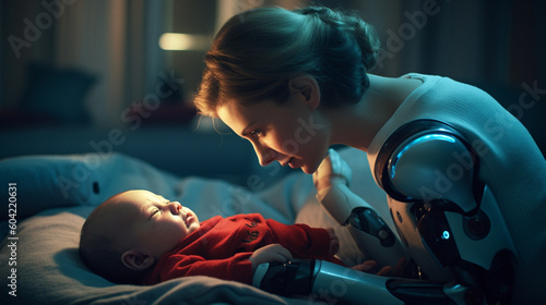 female robot or cyborg cares and takes care of a baby, mother or babysitter, technological body parts or upgrades, technology assisted