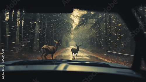 a deer running over a forest street, pov inside a car driving, dangerous animal crossing