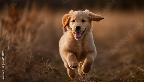 A cheerful golden retriever running in the meadow, pure happiness generated by AI