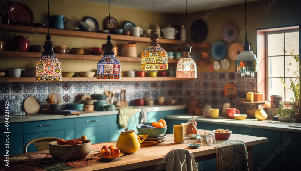 Vibrant pottery collection decorates rustic kitchen shelf for homemade cooking generated by AI