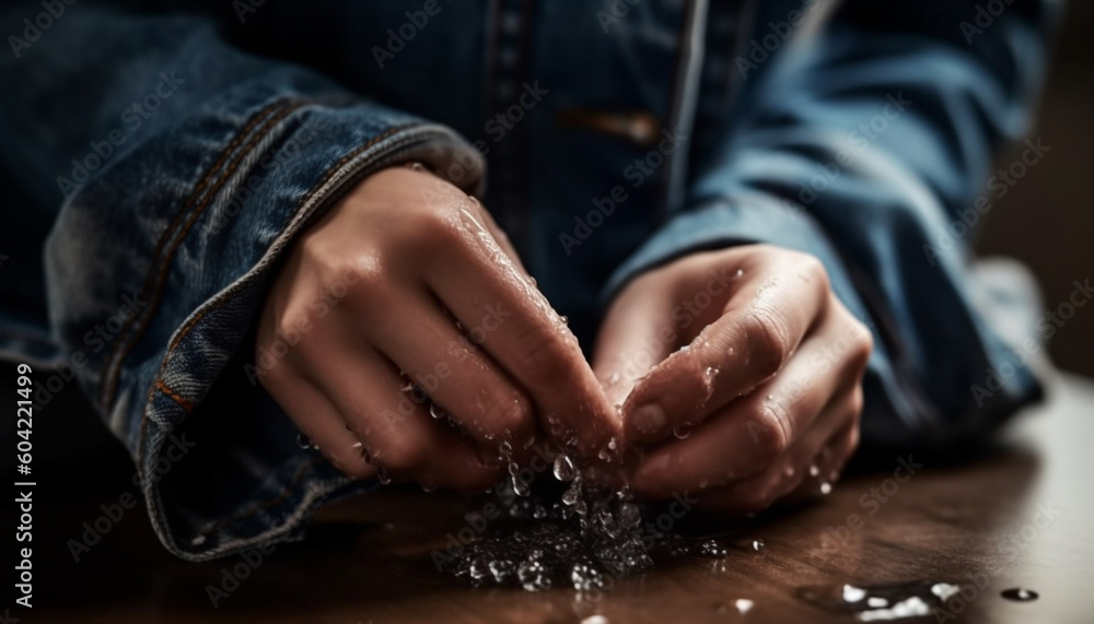 Obraz premium One person holding wet flour, preparing sweet dessert in kitchen generated by AI