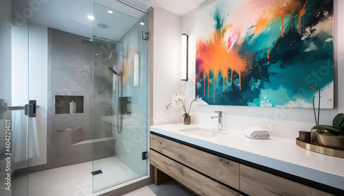 Modern elegance in domestic bathroom with marble flooring and glass shower generated by AI