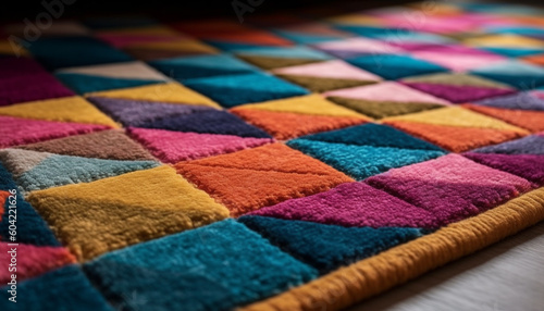 Vibrant colored rug adds modern design to comfortable living room generated by AI