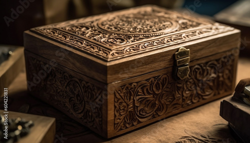 An antique leather Bible in an ornate wooden trunk generated by AI © Stockgiu
