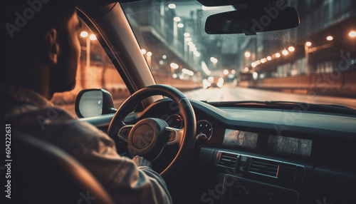 Driving through city life at dusk, holding the steering wheel generated by AI © Stockgiu