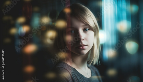 Small girl, brown hair, looking through window, feeling sadness generated by AI