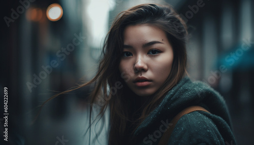 One young adult woman, with brown hair, looking at camera generated by AI © Stockgiu