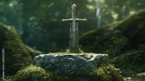 Tableau sur toile Illustration of King Arthur's sword in a stone, waiting for the rightful person to pull it out