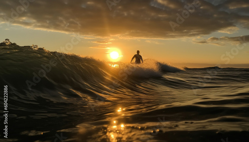 Silhouette of athlete surfing at sunset, reflecting on vitality and beauty in nature generated by AI
