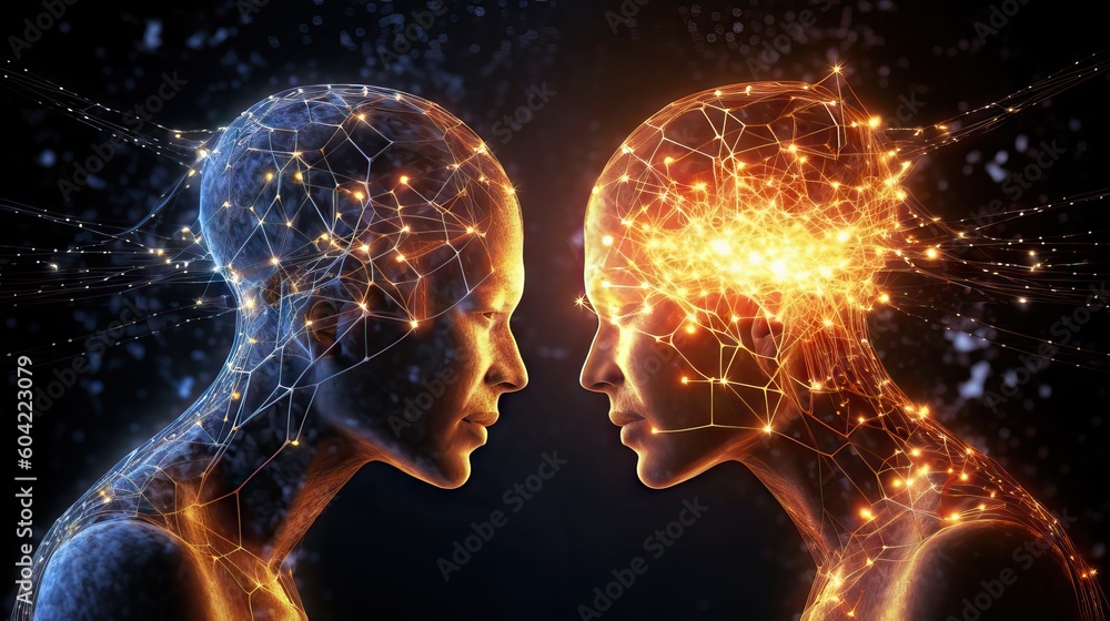 Two people spiritually connected, discussing and resolving problems, seen in electromagnetic and astral terms. Generative AI - obrazy, fototapety, plakaty 