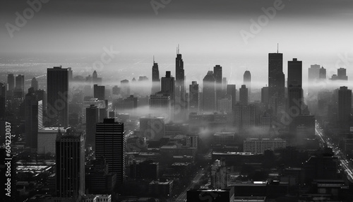 Silhouette of modern skyscrapers in black and white cityscape generated by AI