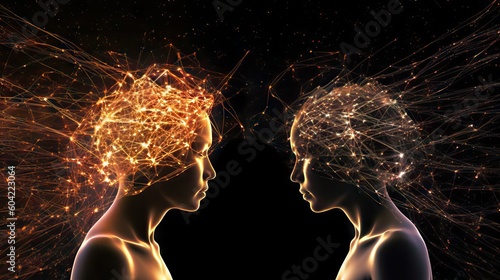 Two people spiritually connected, discussing and resolving problems, seen in electromagnetic and astral terms. Generative AI