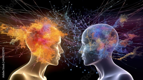Two people spiritually connected, discussing and resolving problems, seen in electromagnetic and astral terms. Generative AI photo