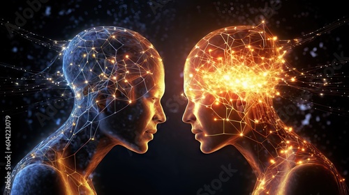 Two people spiritually connected, discussing and resolving problems, seen in electromagnetic and astral terms. Generative AI