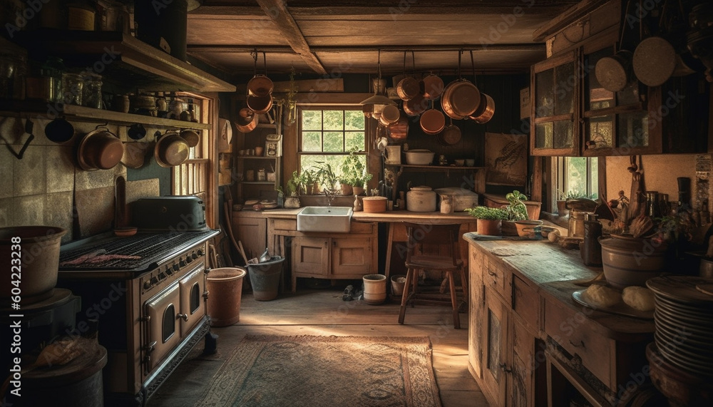 Rustic elegance in modern kitchen wood, steel, and pottery decor generated by AI Rustic elegance in modern kitchen wood, steel, and pottery decor generated by AI