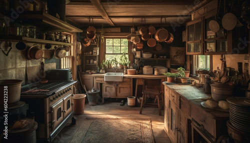 Rustic elegance in modern kitchen wood, steel, and pottery decor generated by AI