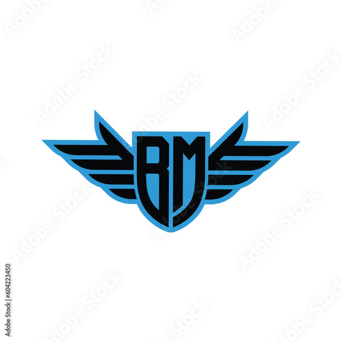 Free Download flying logo, abstract initial letter BM logo in black and white color with wings ornament in shield shape - GFXLoad