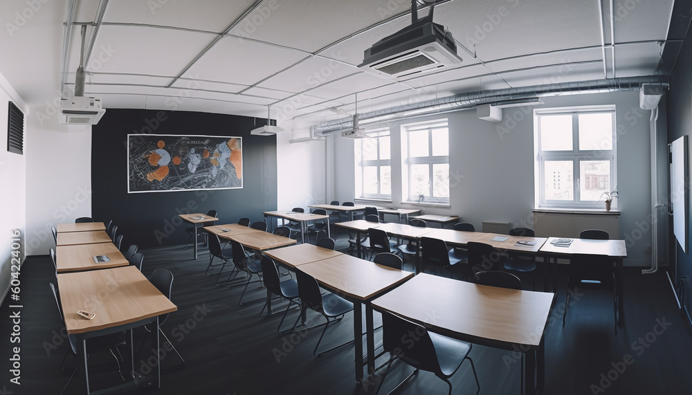 Modern classroom with empty chairs and blackboard for teaching education generated by AI Modern classroom with empty chairs and blackboard for teaching education generated by AI