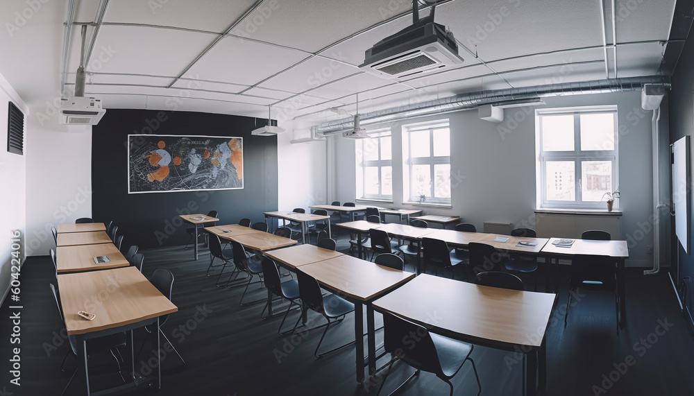 Modern classroom with empty chairs and blackboard for teaching education generated by AI