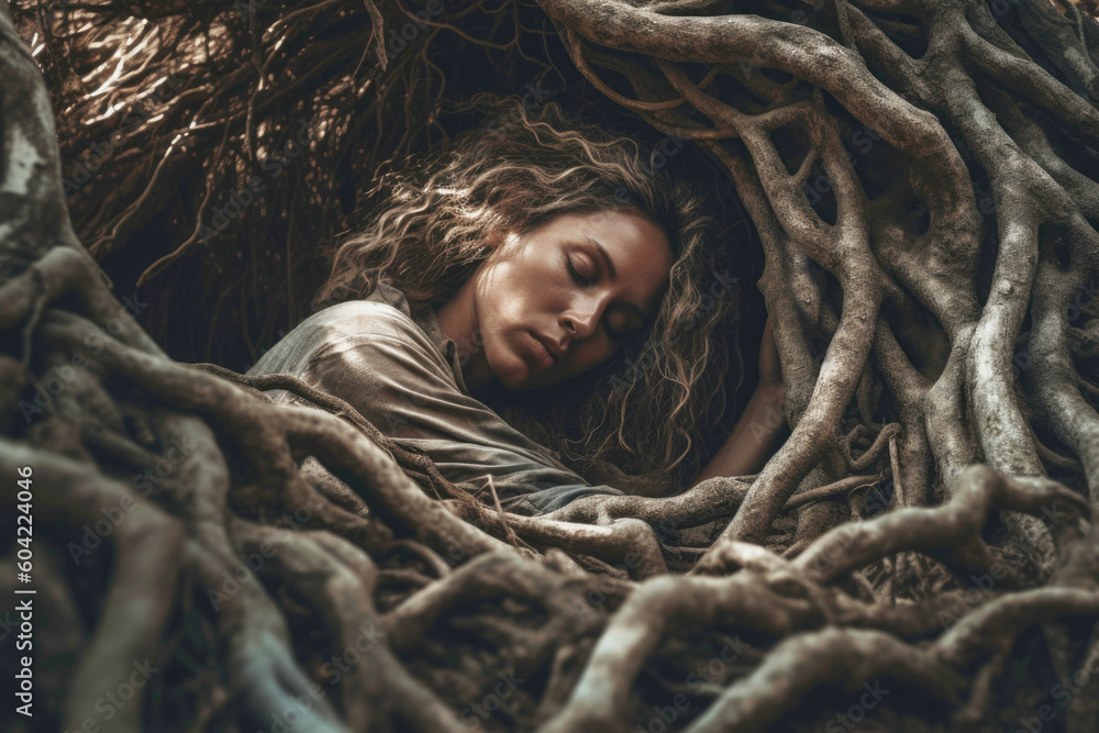 Woman sleeping and grounded in tree roots in forest in nature