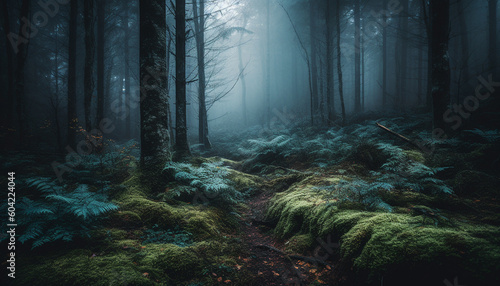 A spooky forest in autumn, mystery shrouded in fog generated by AI