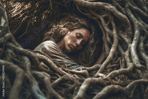 Woman sleeping and grounded in tree roots in forest in nature. Generative AI.