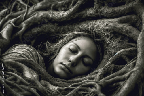 Woman sleeping entwined in tree roots in forest in nature. Generative AI.