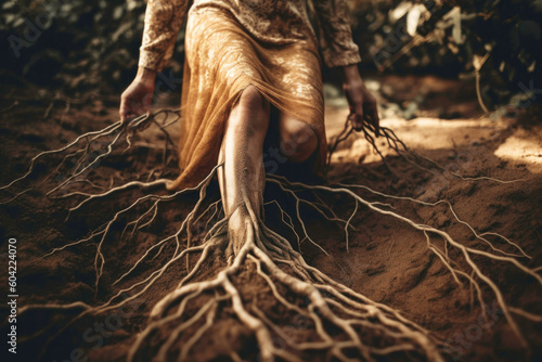 Woman legs in forest turning into tree roots grounded to earth. Generative AI. photo