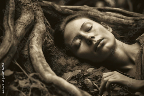 Woman sleeping entwined in tree roots in forest in nature. Generative AI.