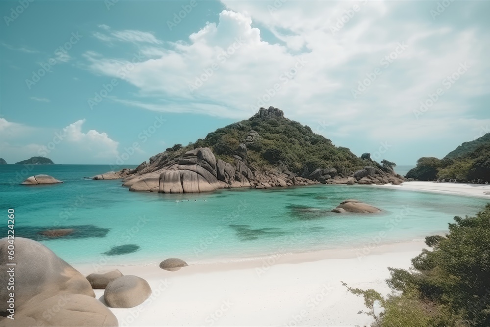 serene beach with crystal clear water and rocky terrain Generative AI