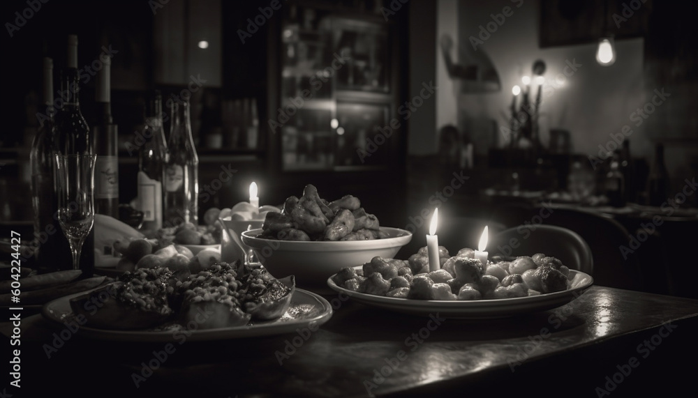 The candle flame illuminates the gourmet meal on the table generated by AI The candle flame illuminates the gourmet meal on the table generated by AI