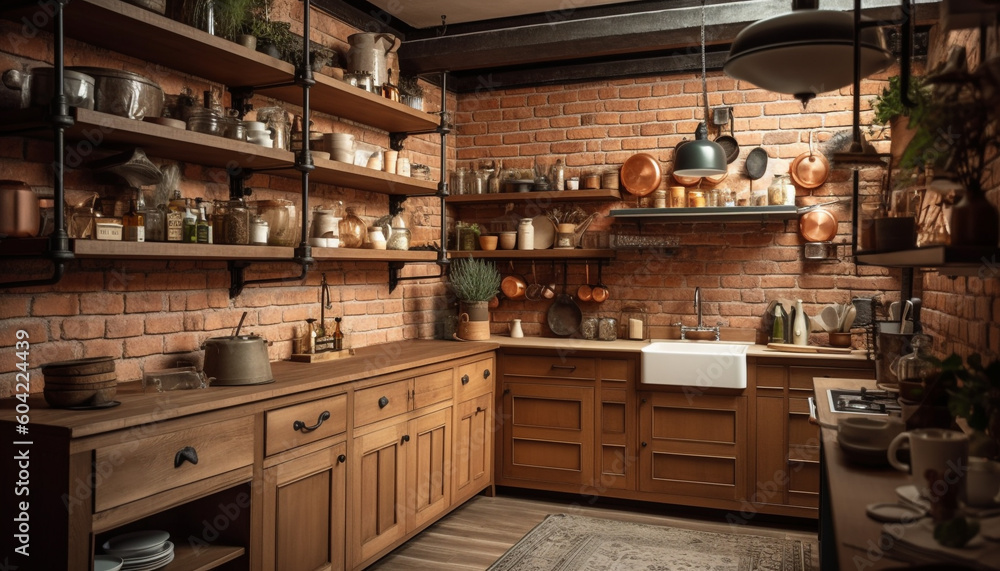 Modern rustic kitchen design with stainless steel appliances and elegant decor generated by AI Modern rustic kitchen design with stainless steel appliances and elegant decor generated by AI