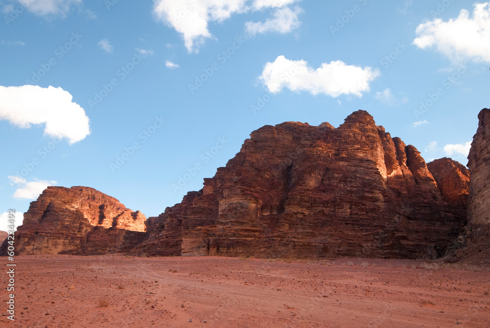 wadi rum desert country.4x4 tour in Wadi Rum valley also called Valley of the Moon in Jordan.Panoramic view of the desert mountains with the sky.Jordan Travel.Wadi Rum.