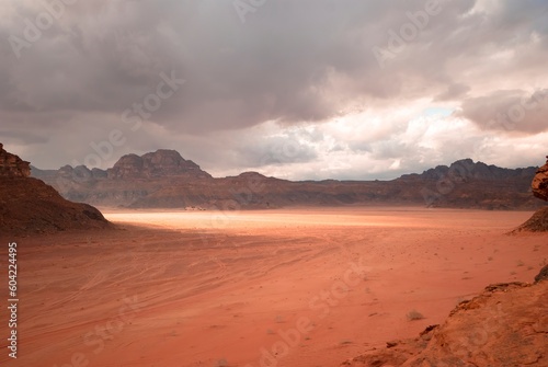 sunset in the desert.Panoramic view of the desert mountains with the sky.Jordan Travel.Wadi Rum.