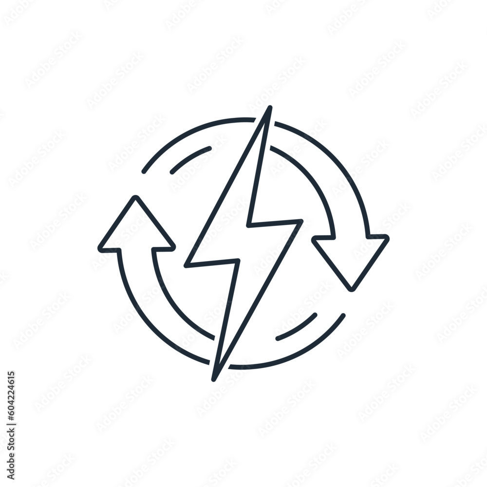 Two moving arrows and a lightning sign. Additional, extra spare energy.Reserve.Vector linear icon isolated on white background. Two moving arrows and a lightning sign. Additional, extra spare energy.Reserve.Vector linear icon isolated on white background.