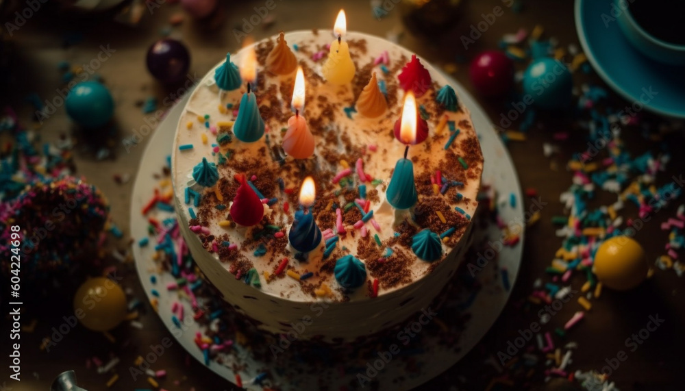Bright candlelight illuminates traditional birthday cake, bringing joy and happiness generated by AI
