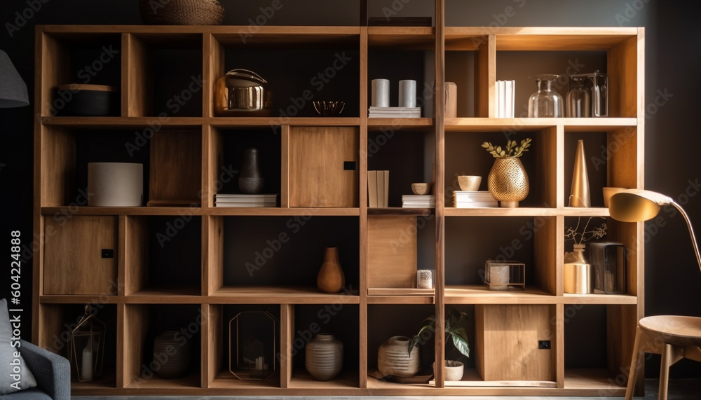 Modern bookshelf design with elegant wood material and pottery decor generated by AI Modern bookshelf design with elegant wood material and pottery decor generated by AI