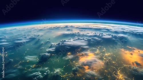The Earth seen from high altitudes in the upper layers of the atmosphere with wide-angle curvature. Generative AI