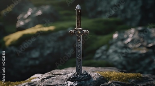 Illustration of King Arthur's sword in a stone, waiting for the rightful person to pull it out. Generative AI