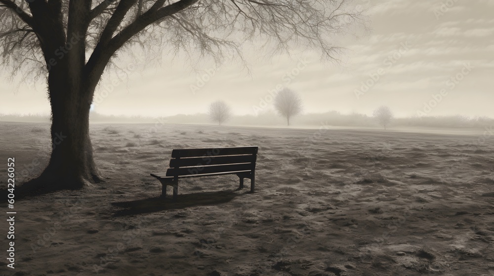 A lone and tranquil bench nestled in the heart of an expansive open field. Generative AI.