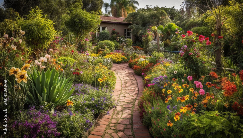 Obraz premium A multi colored flower head blossoms in a formal garden generated by AI