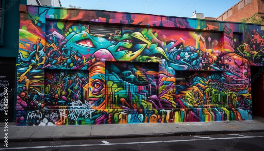 Fototapeta premium Vibrant colored mural showcases modern street art in Beijing cityscape generated by AI