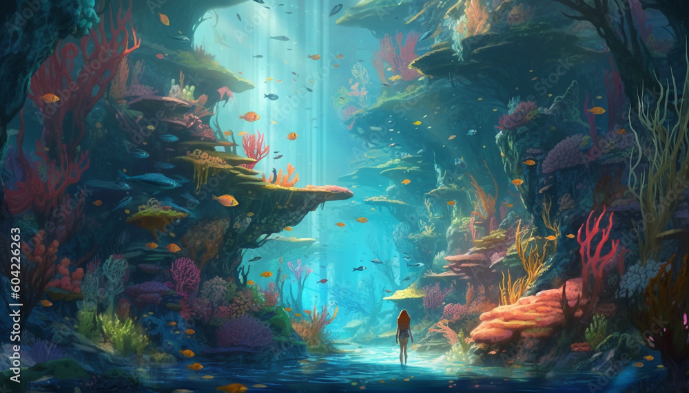 Colorful underwater landscape with fish, coral, and aquatic animals generated by AI
