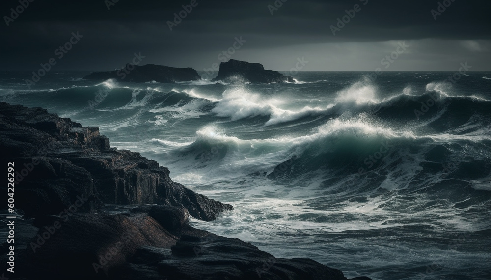 Fototapeta premium Breaking waves crash against dark cliffs, dramatic sky overhead generated by AI
