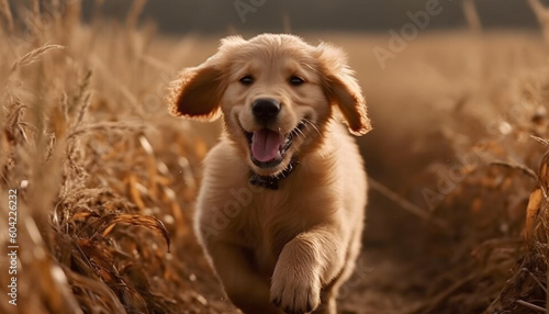 Playful golden retriever puppy running in the autumn sunlight, cheerful obedience generated by AI