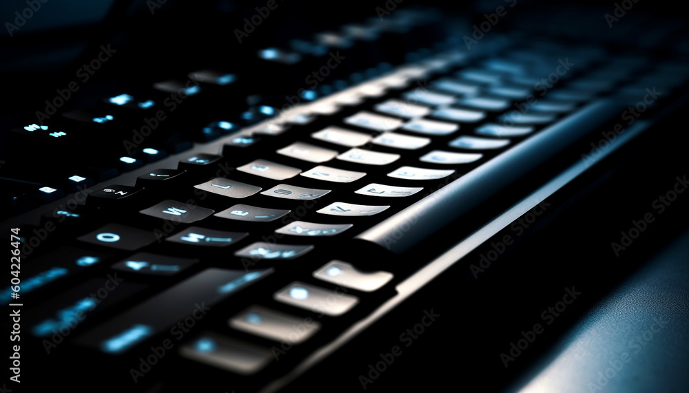 Metallic keyboard illuminates dark office in futuristic digitally generated image generated by AI
