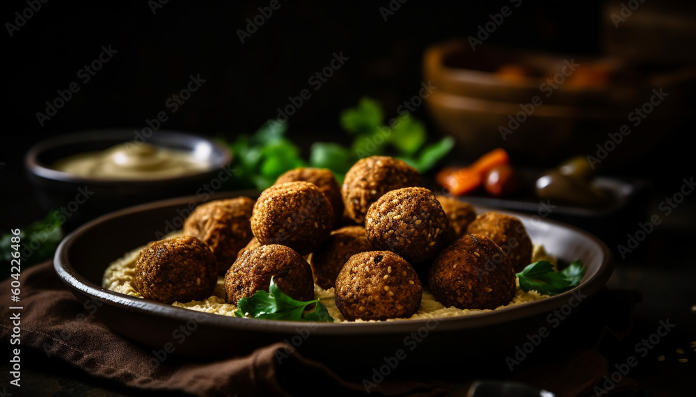 A rustic meatball plate with homemade falafel and fresh salad generated by AI A rustic meatball plate with homemade falafel and fresh salad generated by AI