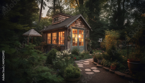 The rustic cottage in the forest glows with lantern light generated by AI