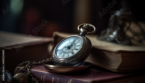 Antique pocket watch on leather table, a timeless still life generated by AI